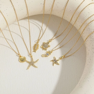 Golden ocean series necklace set with zircon seashell starfish and seahorse pendants