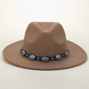 Vintage Woolen Felt Fedora Hat With Black Belt Silver Metal Buckles Punk Rivets Western Cowboy Jazz Hat For Men Women