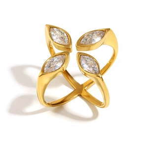 Anello incrociato in acciaio inossidabile placcato oro 18K con quattro zirconi marquise