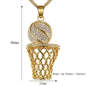 Hip hop style gold plated basketball hoop pendant necklace with sparkling rhinestones