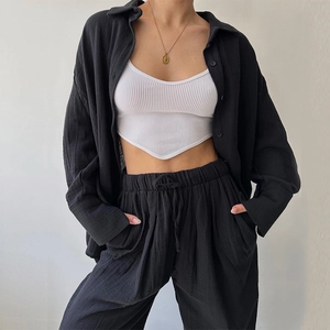 Women's 3-piece casual set featuring black long sleeve shirt and matching drawstring trousers