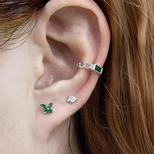 925 sterling silver butterfly stud and green gemstone ear cuff set for women