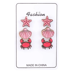 3-pack ocean theme wooden stud earrings set featuring starfish shell and crab designs