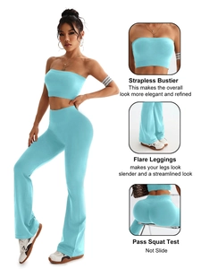 Detail of sky blue seamless high-waist yoga flared pants with tummy control compression