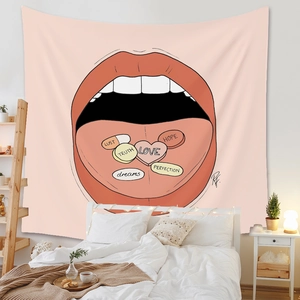Tapisserie pop art avec lèvres et pilules décoratives dans une chambre chaleureuse