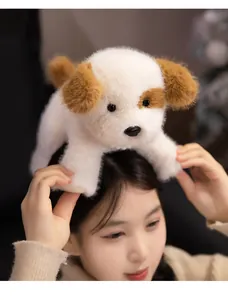 Detailed view of cute plush dog toy with soft brown ears and realistic dark eyes