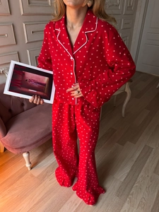 Red heart print pajama set with long sleeve lapel top and ruffled trousers for women