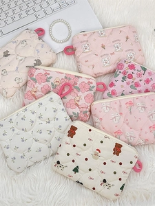 Cute quilted cotton cosmetic pouch collection with cartoon rabbit and floral patterns