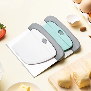 Two-piece stainless steel dough scraper set with plastic handles for baking and kitchen use