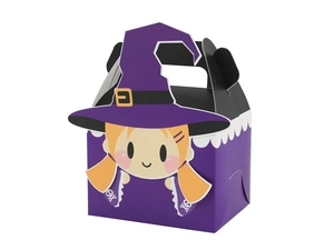 Purple Halloween paper treat box featuring a cute cartoon witch with a black handle