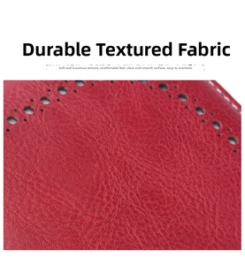 Close up view of red leather wallet fabric material texture with detailed perforation design.