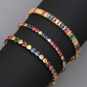 Multicolor Rainbow Tennis Bracelet Gold Plated Copper Colorful Cubic Zirconia Baguette Round Cut Sparkling Jewelry