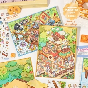 Detailed close-up of 3D layered scene stickers featuring bakery and seaside party themes
