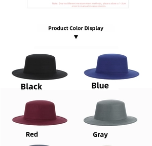 Classic flat top wool boater hats displayed in various colors including black and wine red