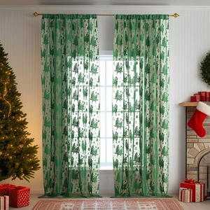Christmas Decorative Curtains Polyester Lace Semi Sheer Holiday Window Drapes Santa Claus Reindeer Alpaca Design