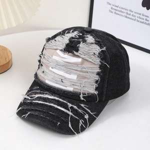 Distressed black denim baseball cap with vintage NY lettering and frayed details