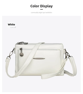 Detailed view of white PU leather crossbody bag featuring dual zippers and silver accents