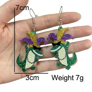 Exaggerated green acrylic crocodile earrings with glitter clown hats and pearl necklaces