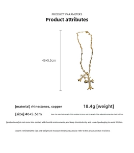 Detail specifications of a gold plated rhinestone cross pendant necklace with measurements