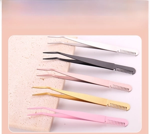 Detailed view of dual-ended stainless steel eyelash tweezers with combs in five metallic colors