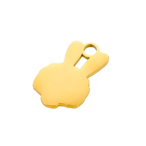 Macro detail of a golden stainless steel rabbit silhouette pendant for DIY jewelry