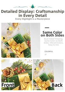 Detail of Christmas window stickers with double-sided gold bow and green pine needle patterns