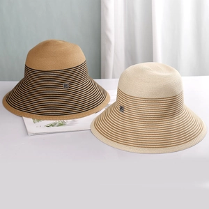Women Straw Bucket Hat Hand Woven Paper Wide Brim Foldable Contrast Stripe French Retro Summer Beach Sun Protection