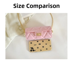 Detailed top view of pink quilted jelly bag next to a phone for size comparison