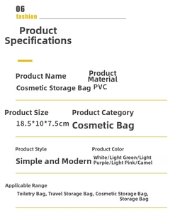 Detailed specifications chart of the PVC travel makeup bag with dimensions and colors