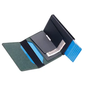 Slim men's RFID blocking trifold wallet with green leather and popup card holder