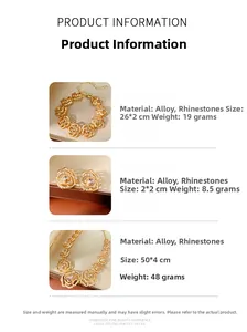 Detail specifications of rhinestone hollow rose necklace, earrings, and bracelet set