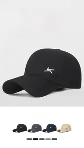 Detail view of multi-color business baseball caps with embroidered logo and curved brim