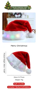 Detail of plush Christmas hat showing 48cm height and internal 12 LED lights layout