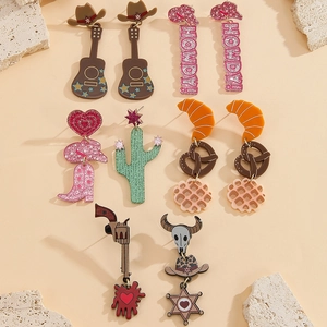 Western cowboy style acrylic earrings featuring cactus guitar and boots charms