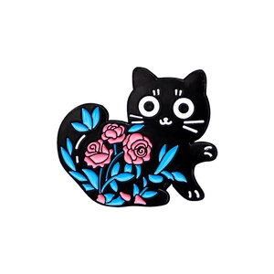 Creative black cat enamel brooch with pink roses and blue leaves on white background