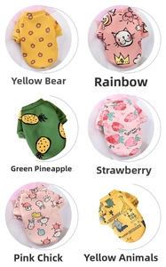 Detail of six cartoon prints for pet sweatshirts featuring bear, rainbow cat and fruit patterns