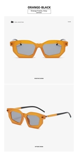 Front and side view of orange-black polygon sunglasses with gray lenses