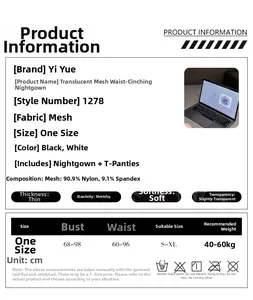 Detailed size chart and washing instructions for sexy lace mesh lingerie nightgown