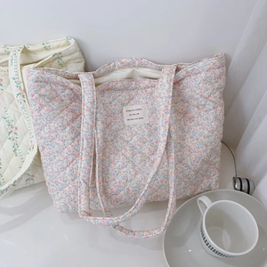 Sac Cabas Matelassé En Coton À Fleurs Grande Capacité Style Français Sac À Main Décontracté Pour Femmes Doux Léger Shopping