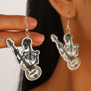 Halloween wooden earrings featuring punk rock skull playing guitar with red accents