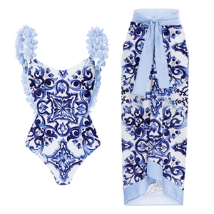 Women One Piece Swimsuit And Sarong Mediterranean Print 3D Floral Applique Backless Beachwear Padded Bathing Suit