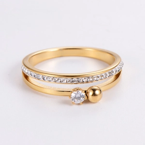 Double Layer Ring 304 Stainless Steel Cubic Zirconia Six Prong Minimalist Ball Design Fashion Jewelry For Women