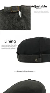 Detail view of adjustable metal buckle and warm fleece lining on herringbone beret hat