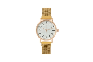 Close-up of gold mesh strap watch with white textured dial and Arabic numerals