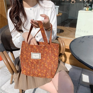 Corduroy floral tote bag with Pleasant Time label for daily commuting and lunch use