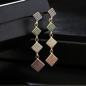 Colorful geometric rhombus earrings in 18K gold plated copper with multi-color zircon stones