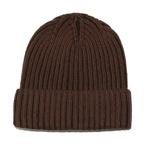 Detailed texture of brown rib-knit cotton beanie with a wide cuffed brim for winter