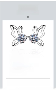 Detail view of s925 silver butterfly earrings showing moissanite stones and 5-layer plating