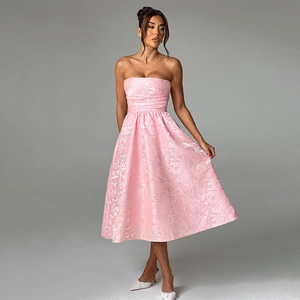 Elegant pink off-the-shoulder midi dress with 3D floral texture and A-line silhouette