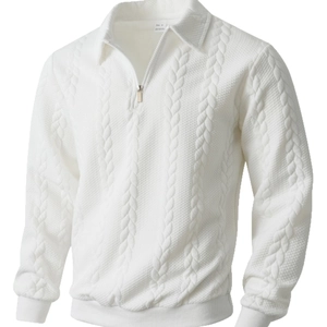 Men's white long sleeve quarter-zip pullover with textured cable knit fabric and polo collar
